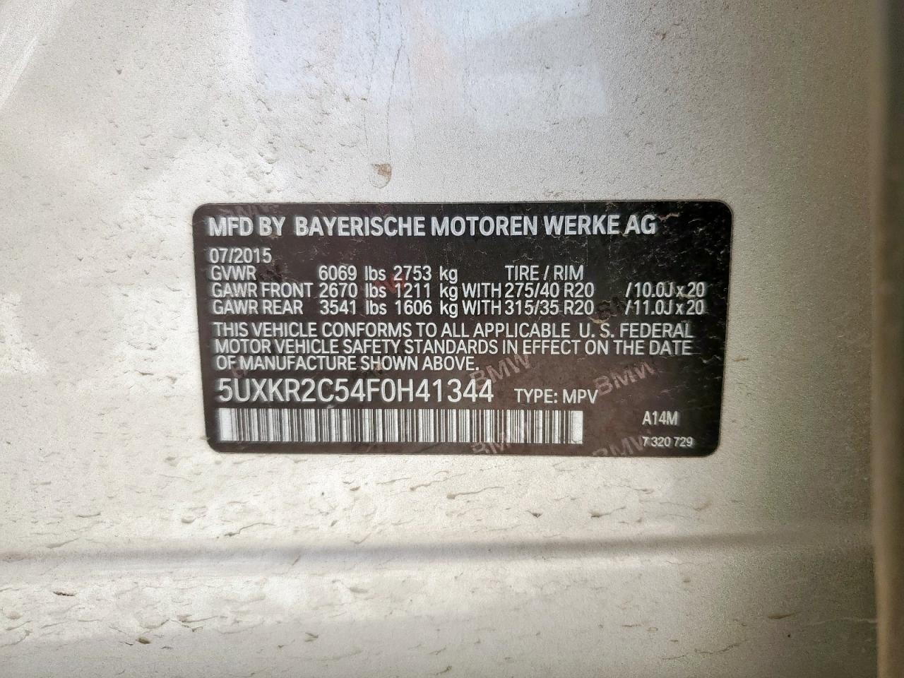 2015 BMW X5 Sdrive35I VIN: 5UXKR2C54F0H41344 Lot: 65070665