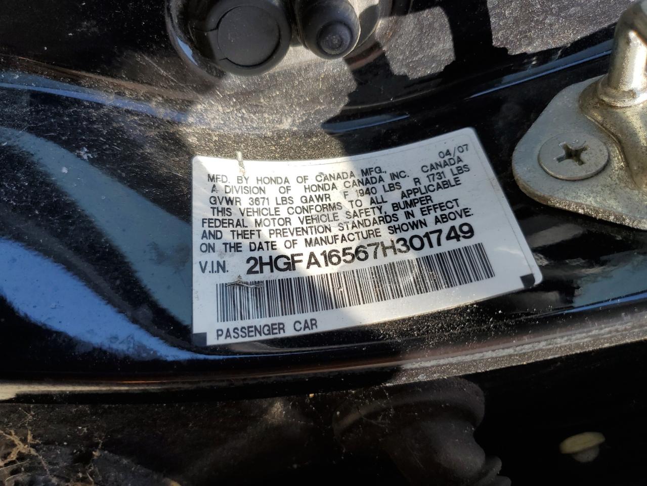 2007 Honda Civic Lx VIN: 2HGFA16567H301749 Lot: 67319665