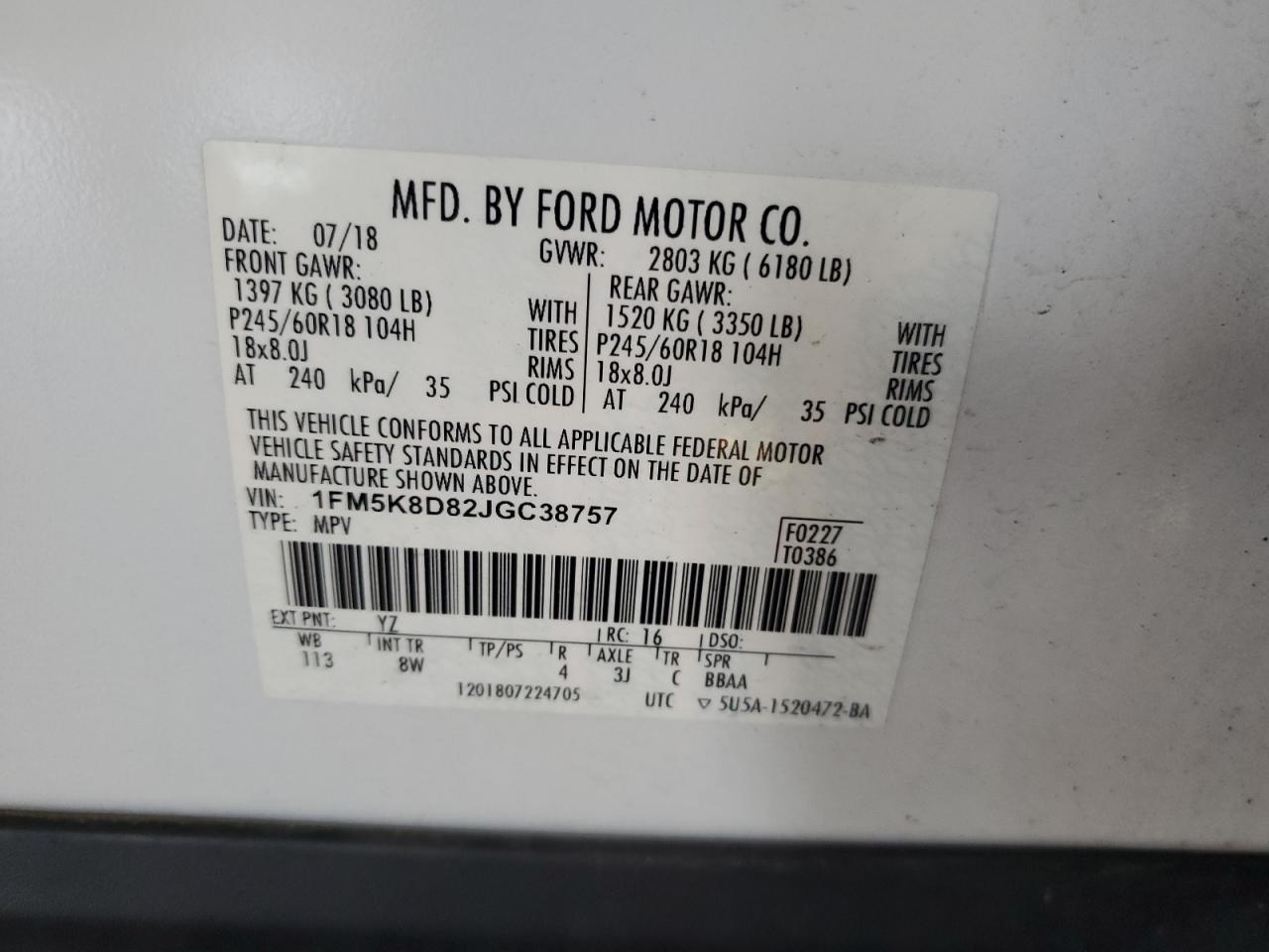 2018 Ford Explorer Xlt VIN: 1FM5K8D82JGC38757 Lot: 65143105