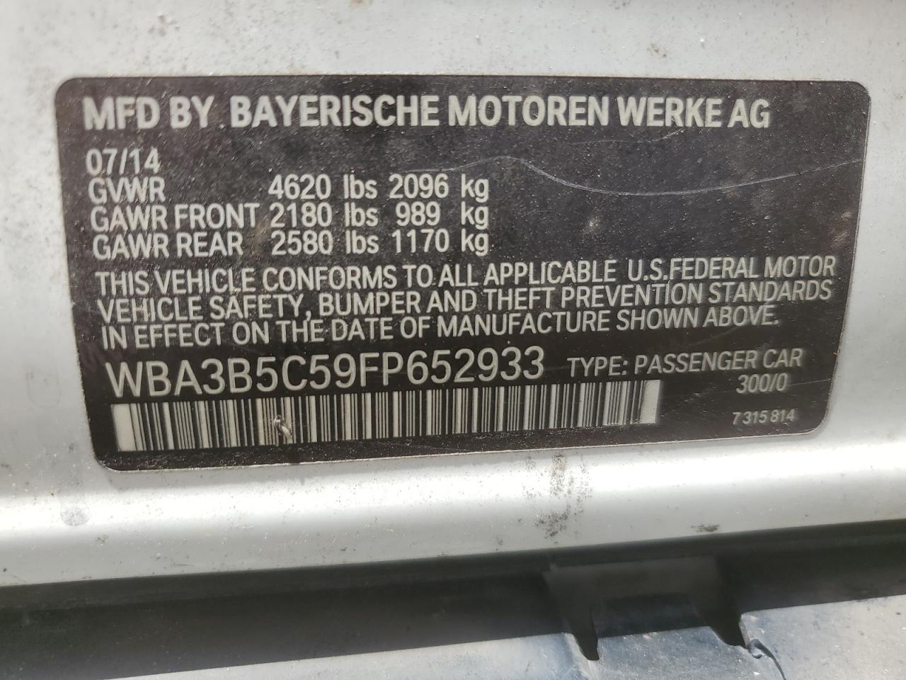 2015 BMW 328 Xi Sulev VIN: WBA3B5C59FP652933 Lot: 62811845