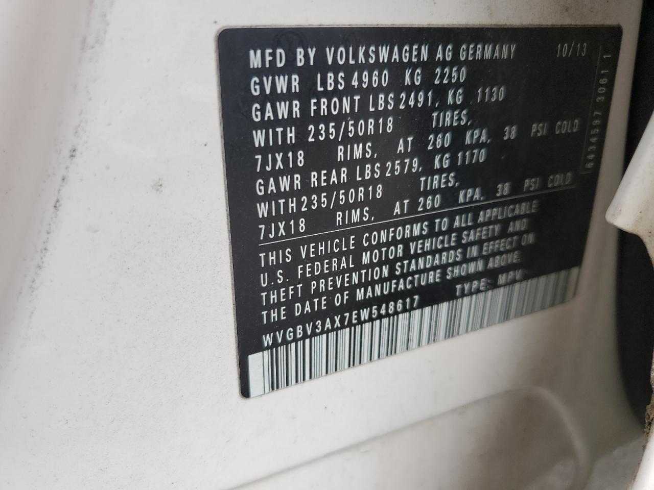 2014 Volkswagen Tiguan S VIN: WVGBV3AX7EW548617 Lot: 65501835