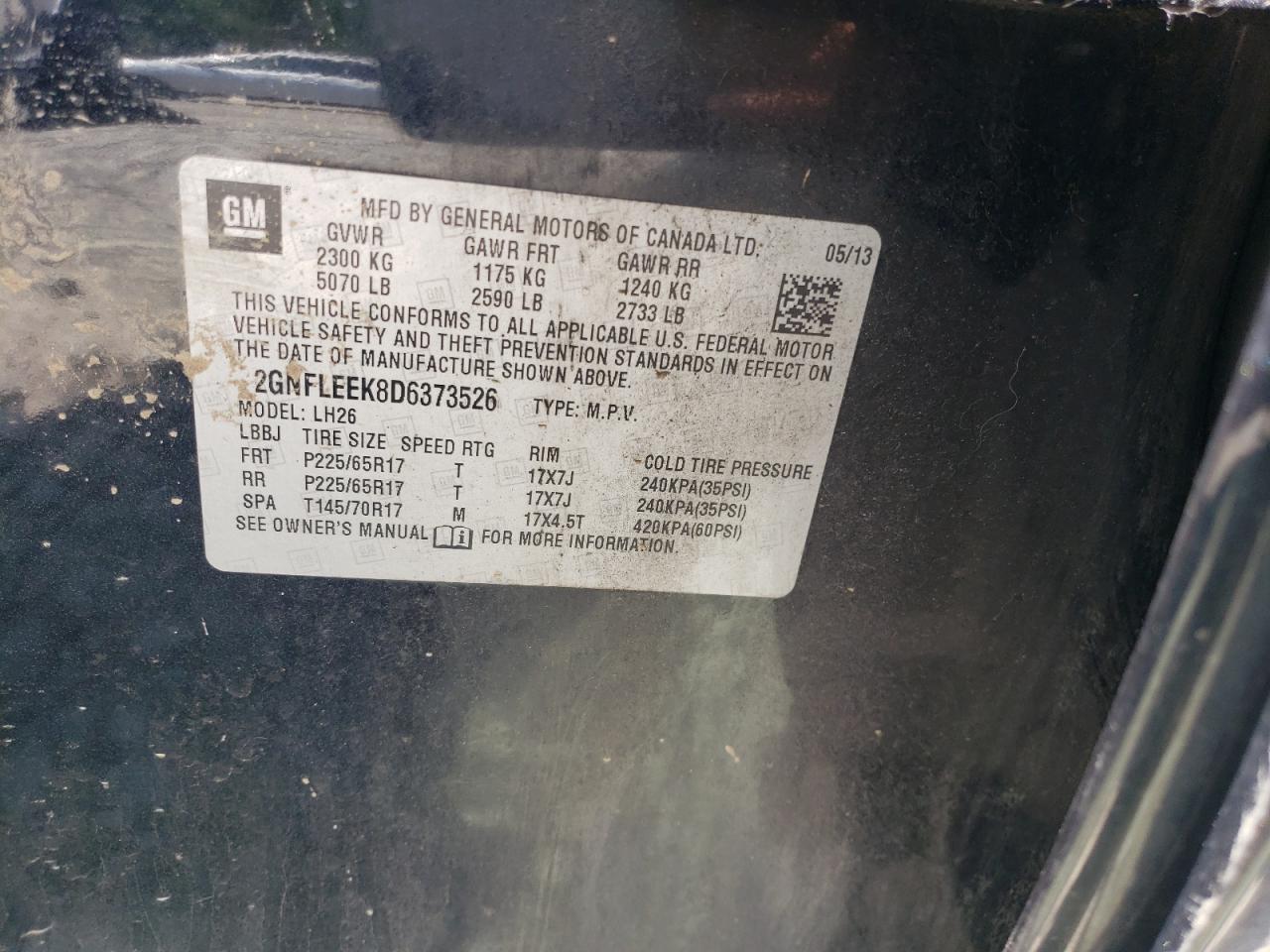 2013 Chevrolet Equinox Lt VIN: 2GNFLEEK8D6373526 Lot: 64963675