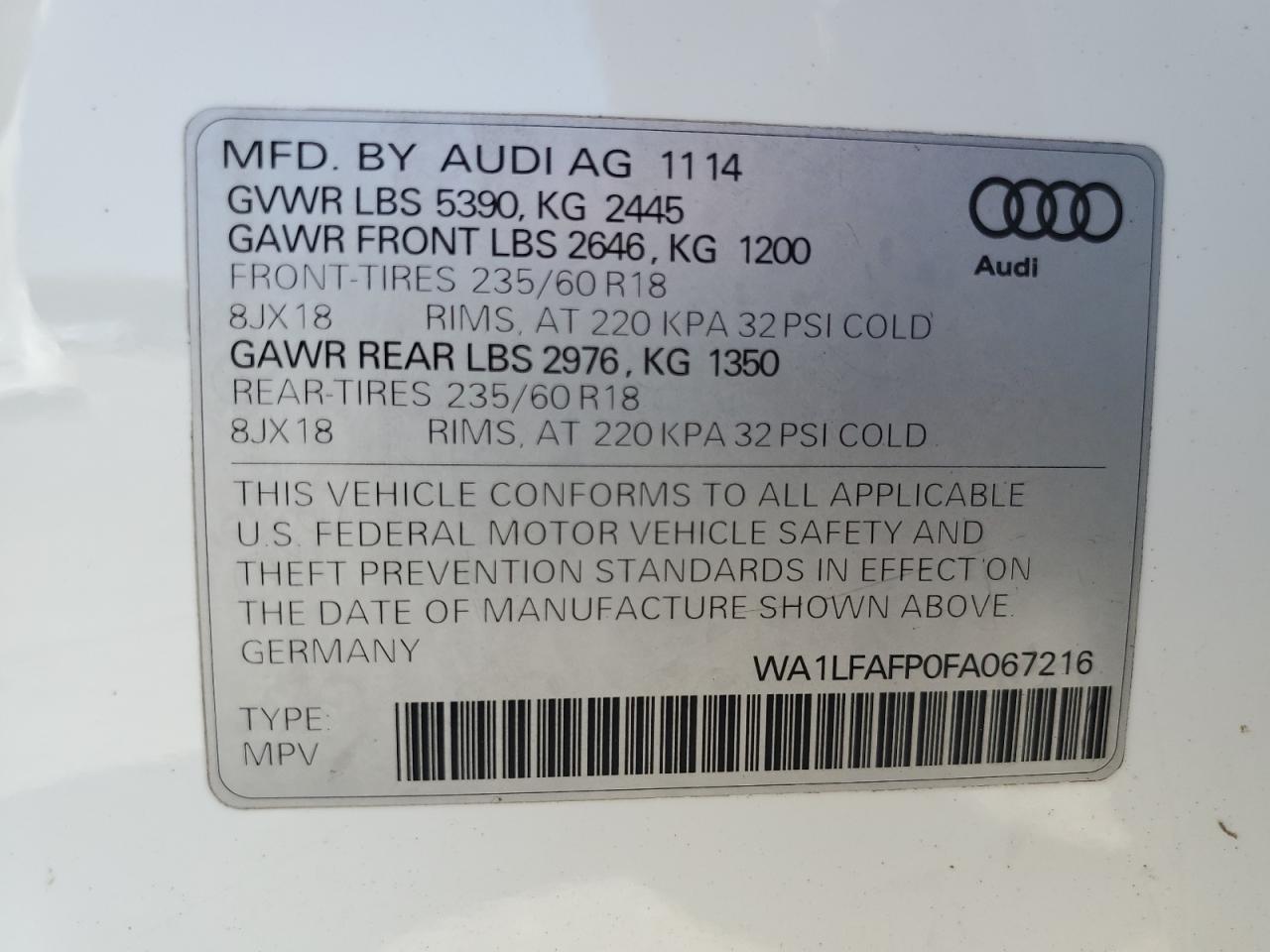 2015 Audi Q5 Premium Plus VIN: WA1LFAFP0FA067216 Lot: 65592215