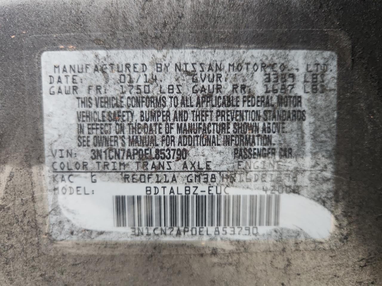 2014 Nissan Versa S VIN: 3N1CN7AP0EL853790 Lot: 64548865