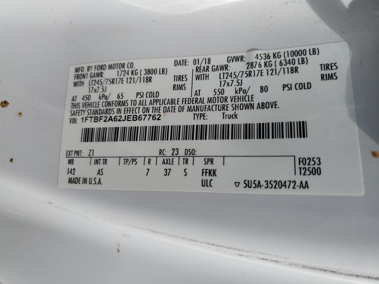 2018 Ford F250 Super Duty VIN: 1FTBF2A62JEB67762 Lot: 67130665