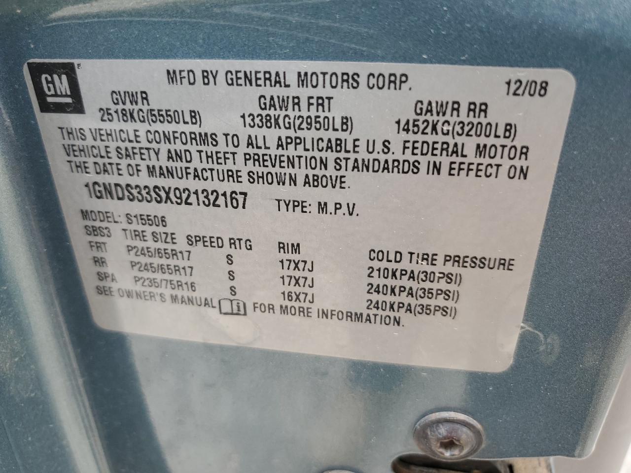 2009 Chevrolet Trailblazer Lt VIN: 1GNDS33SX92132167 Lot: 66921775