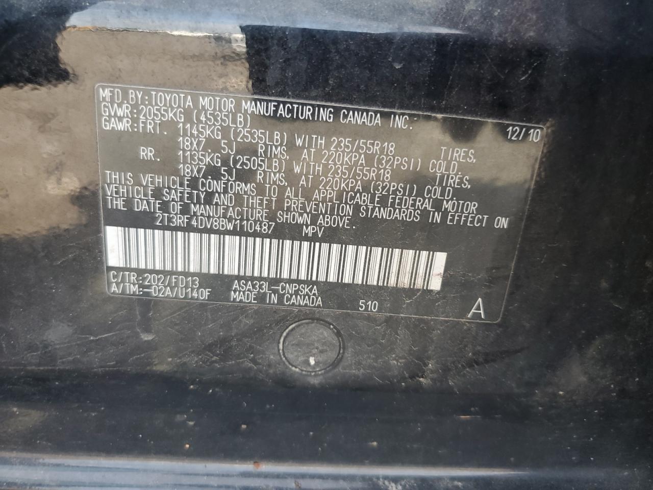 2011 Toyota Rav4 Sport VIN: 2T3RF4DV8BW110487 Lot: 65567915