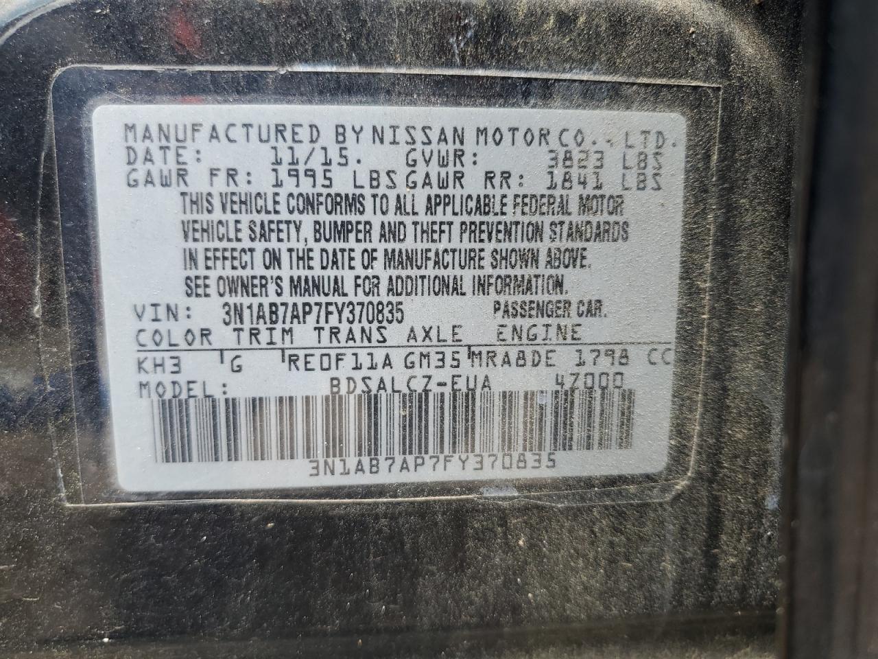 2015 Nissan Sentra S VIN: 3N1AB7AP7FY370835 Lot: 64012695