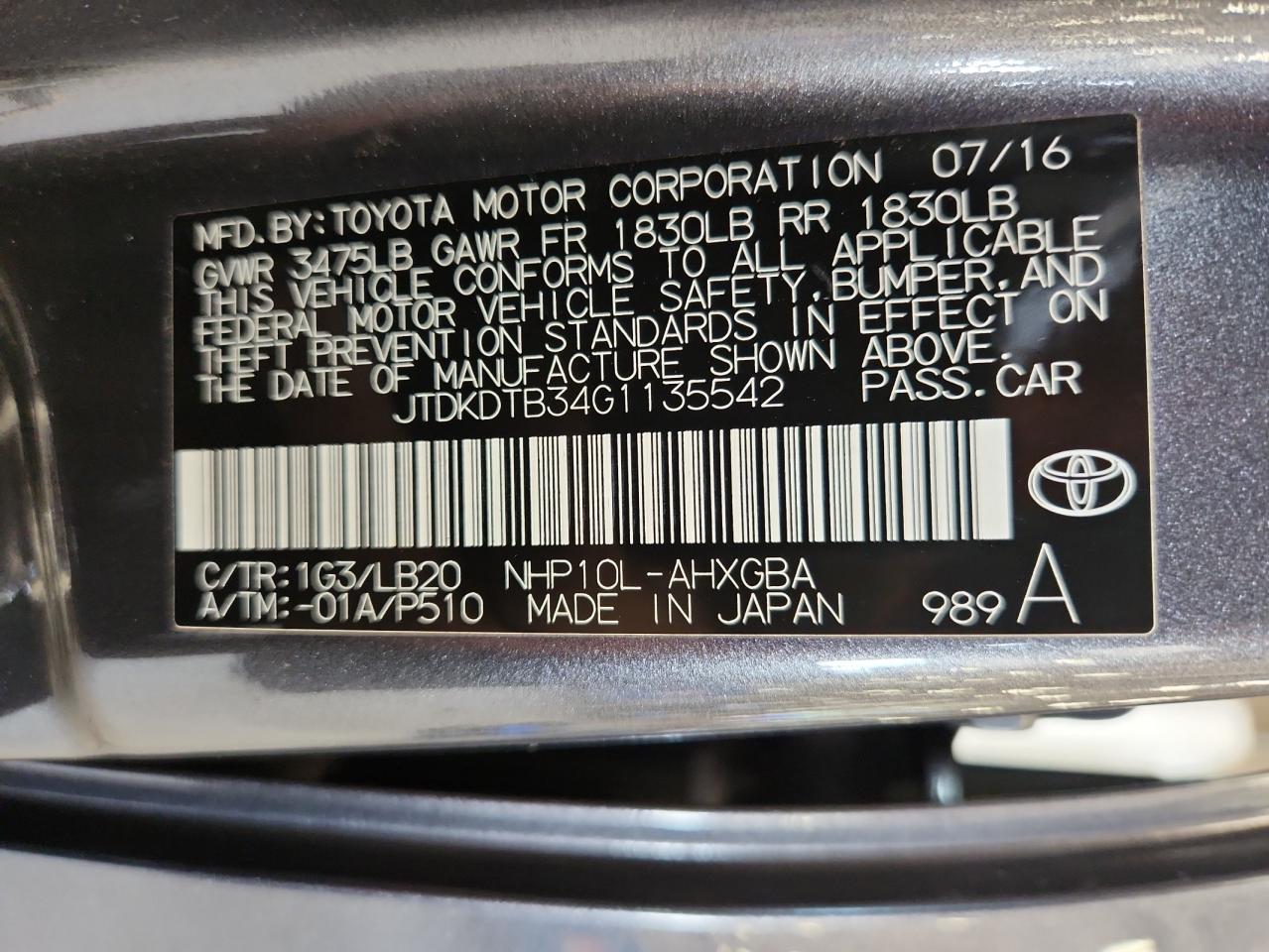 2016 Toyota Prius C VIN: JTDKDTB34G1135542 Lot: 66515215