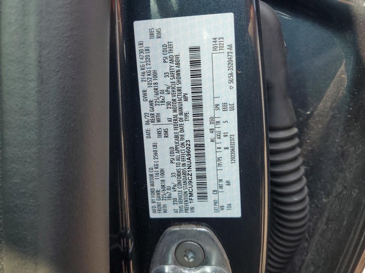 2022 Ford Escape Sel VIN: 1FMCU9CZ1NUA96023 Lot: 63257235
