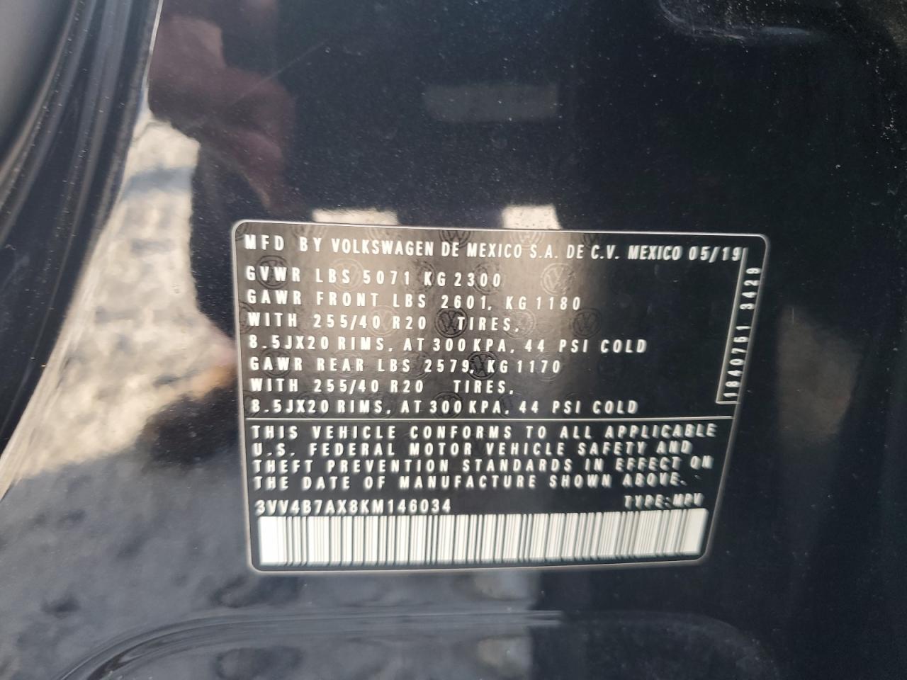 2019 Volkswagen Tiguan Sel Premium VIN: 3VV4B7AX8KM146034 Lot: 65402365
