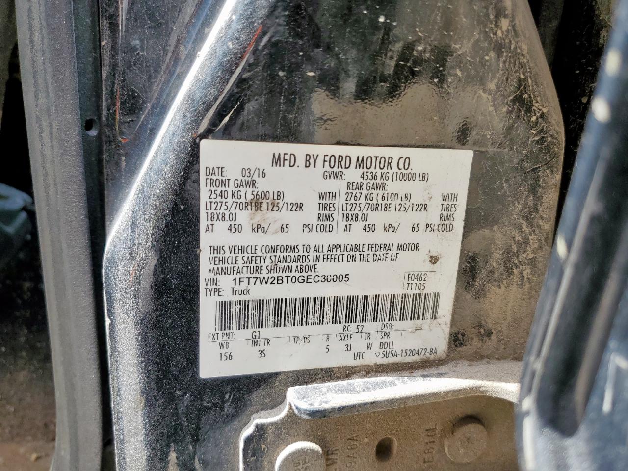2016 Ford F250 Super Duty VIN: 1FT7W2BT0GEC30005 Lot: 64950335