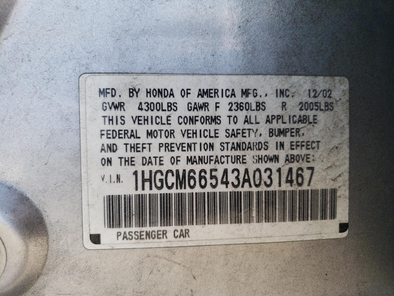 2003 Honda Accord Ex VIN: 1HGCM66543A031467 Lot: 65407765