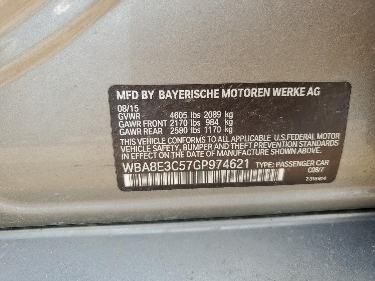 2016 BMW 328 Xi Sulev VIN: WBA8E3C57GP974621 Lot: 63861935