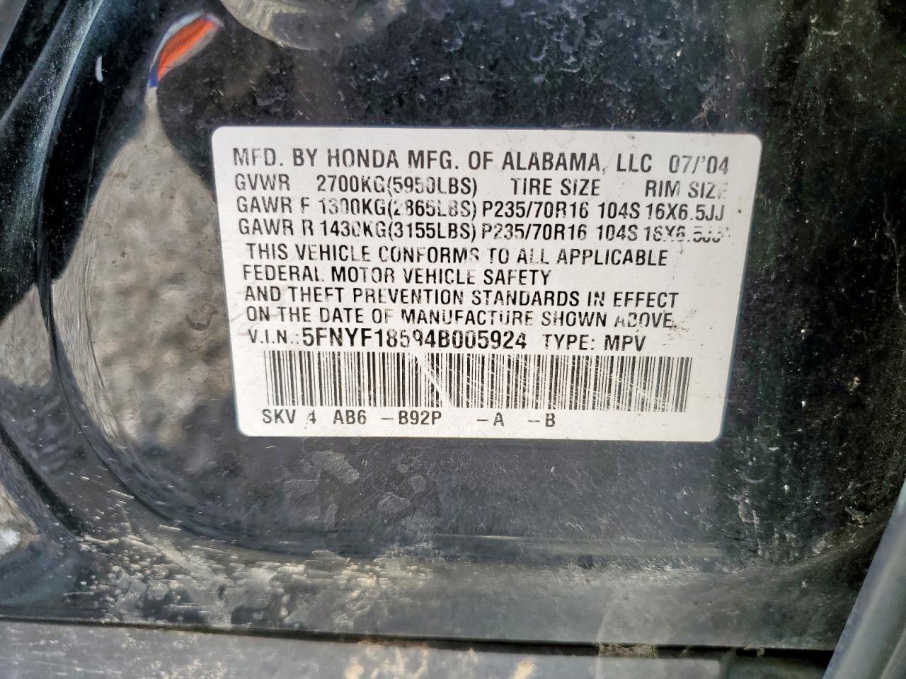 2004 Honda Pilot Exl VIN: 5FNYF18594B005924 Lot: 63297655