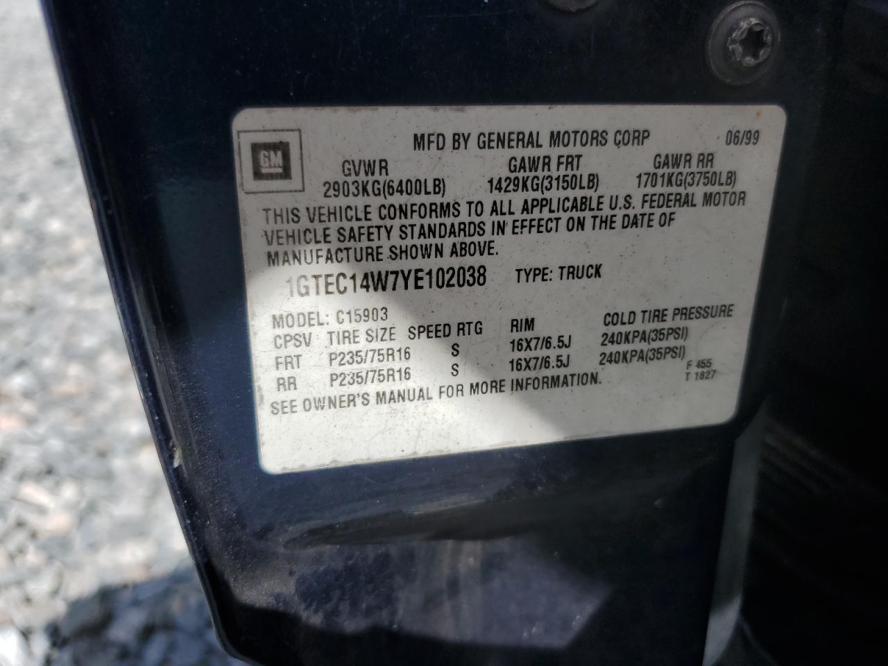 2000 GMC New Sierra C1500 VIN: 1GTEC14W7YE102038 Lot: 66498305