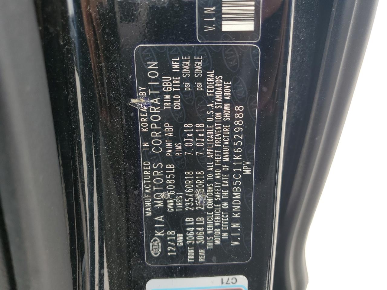 2019 Kia Sedona Lx VIN: KNDMB5C11K6529888 Lot: 63348315
