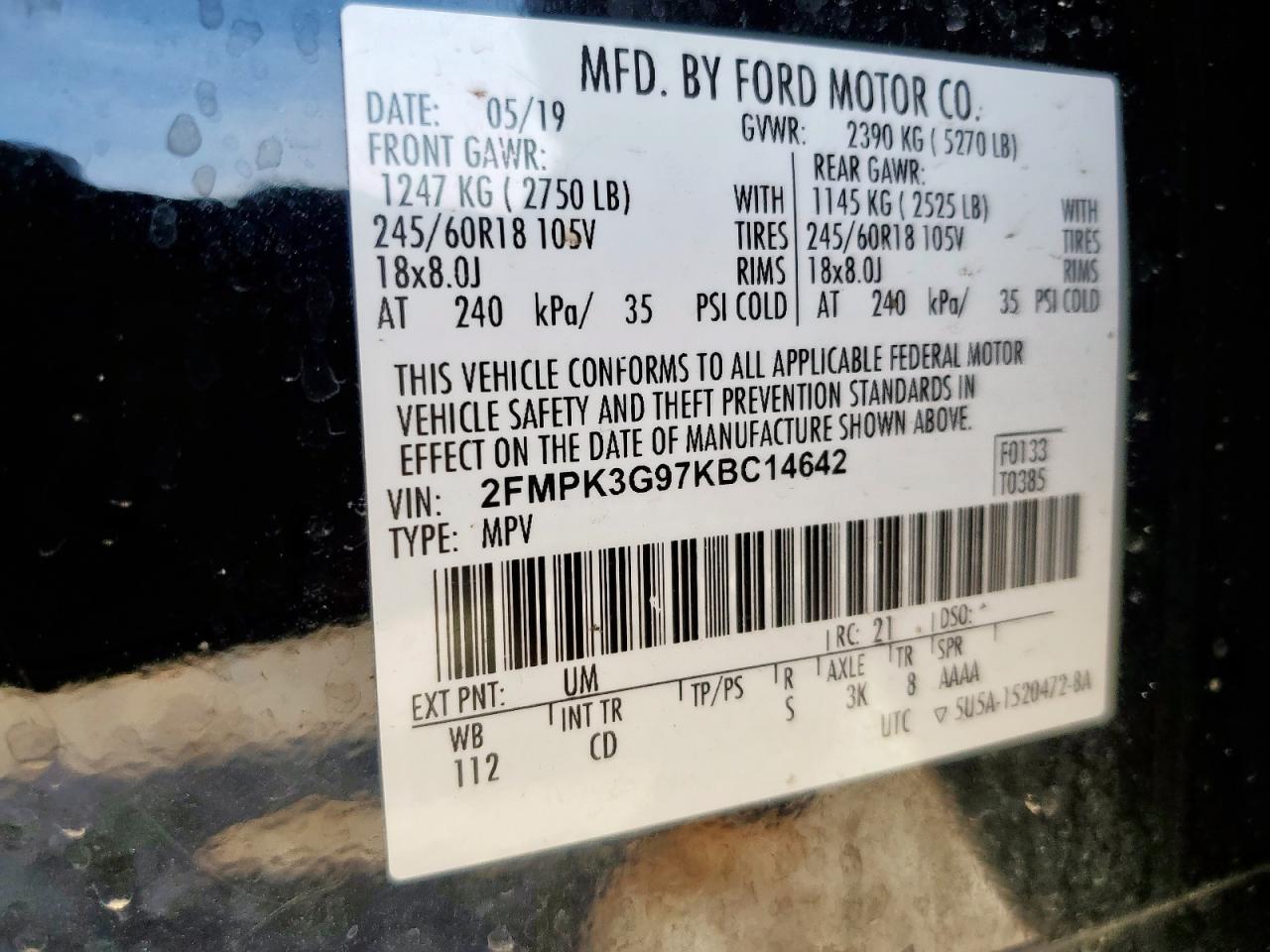 2019 Ford Edge Se VIN: 2FMPK3G97KBC14642 Lot: 63915345