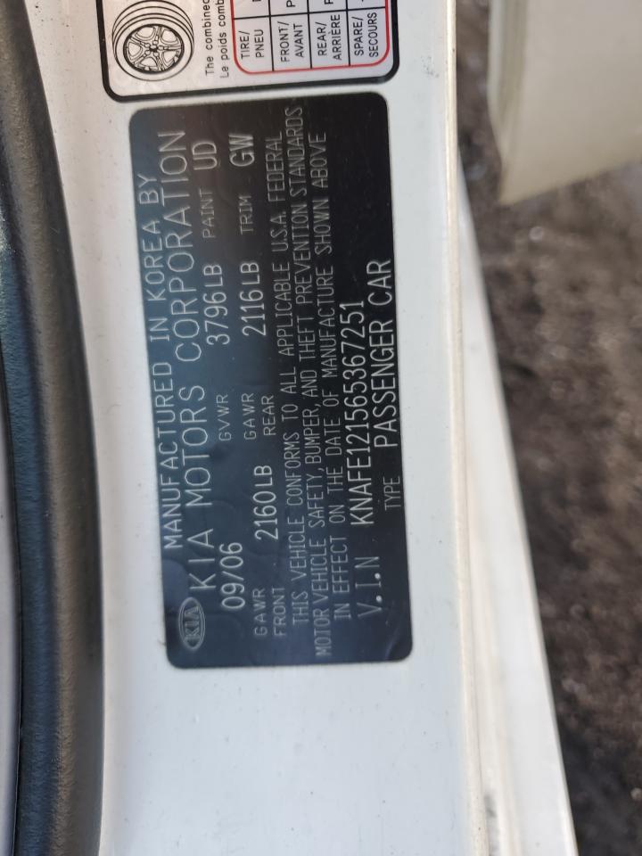 2006 Kia Spectra Lx VIN: KNAFE121565367251 Lot: 64432635