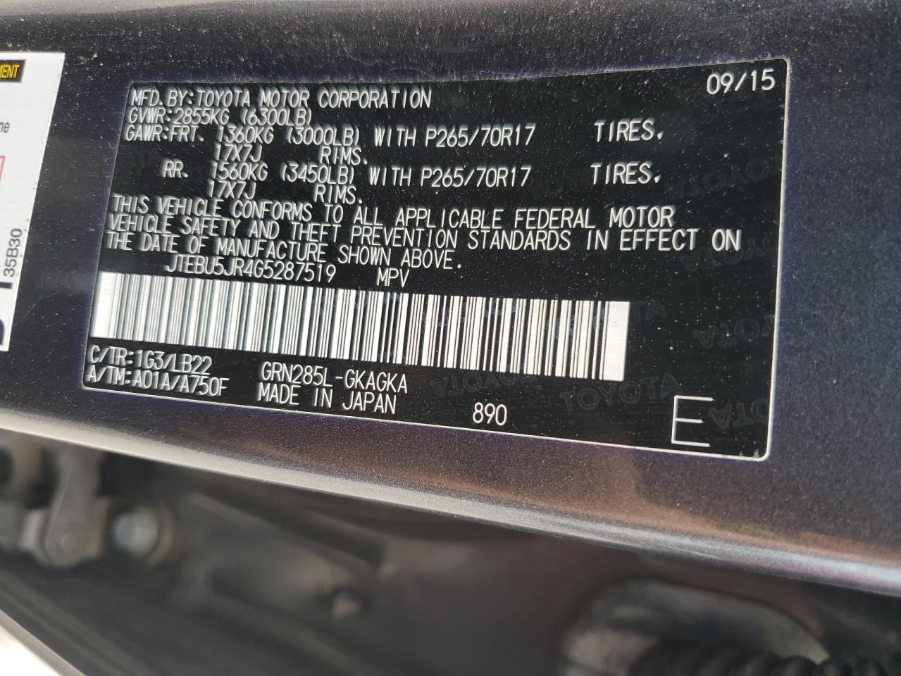 2016 Toyota 4Runner Sr5/Sr5 Premium VIN: JTEBU5JR4G5287519 Lot: 62928855