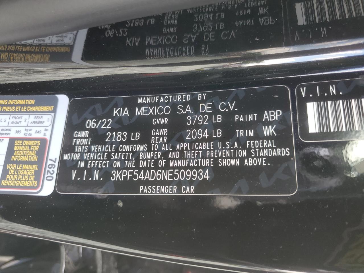 2022 Kia Forte Gt Line VIN: 3KPF54AD6NE509934 Lot: 63908105