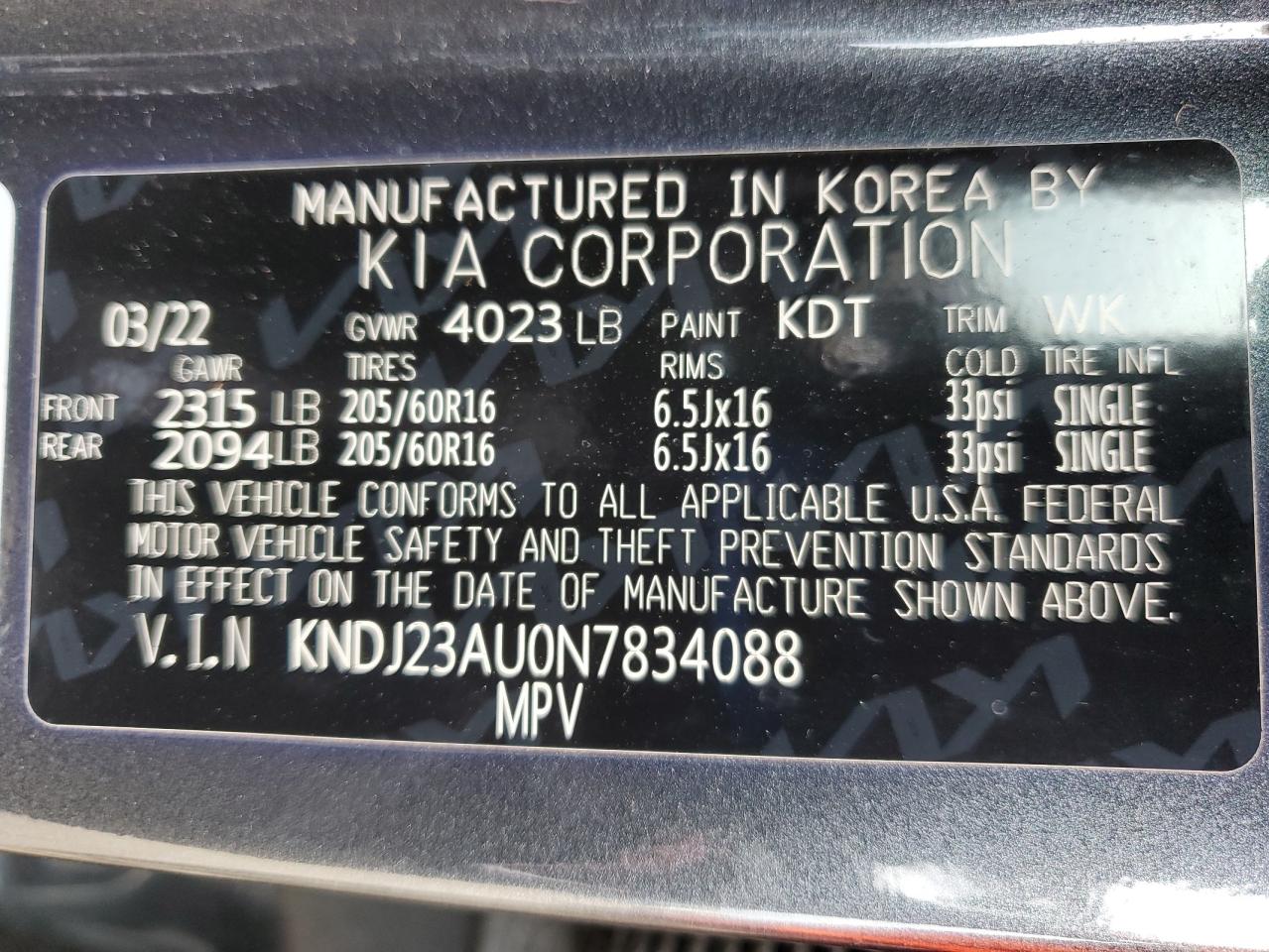2022 Kia Soul Lx VIN: KNDJ23AU0N7834088 Lot: 63141835