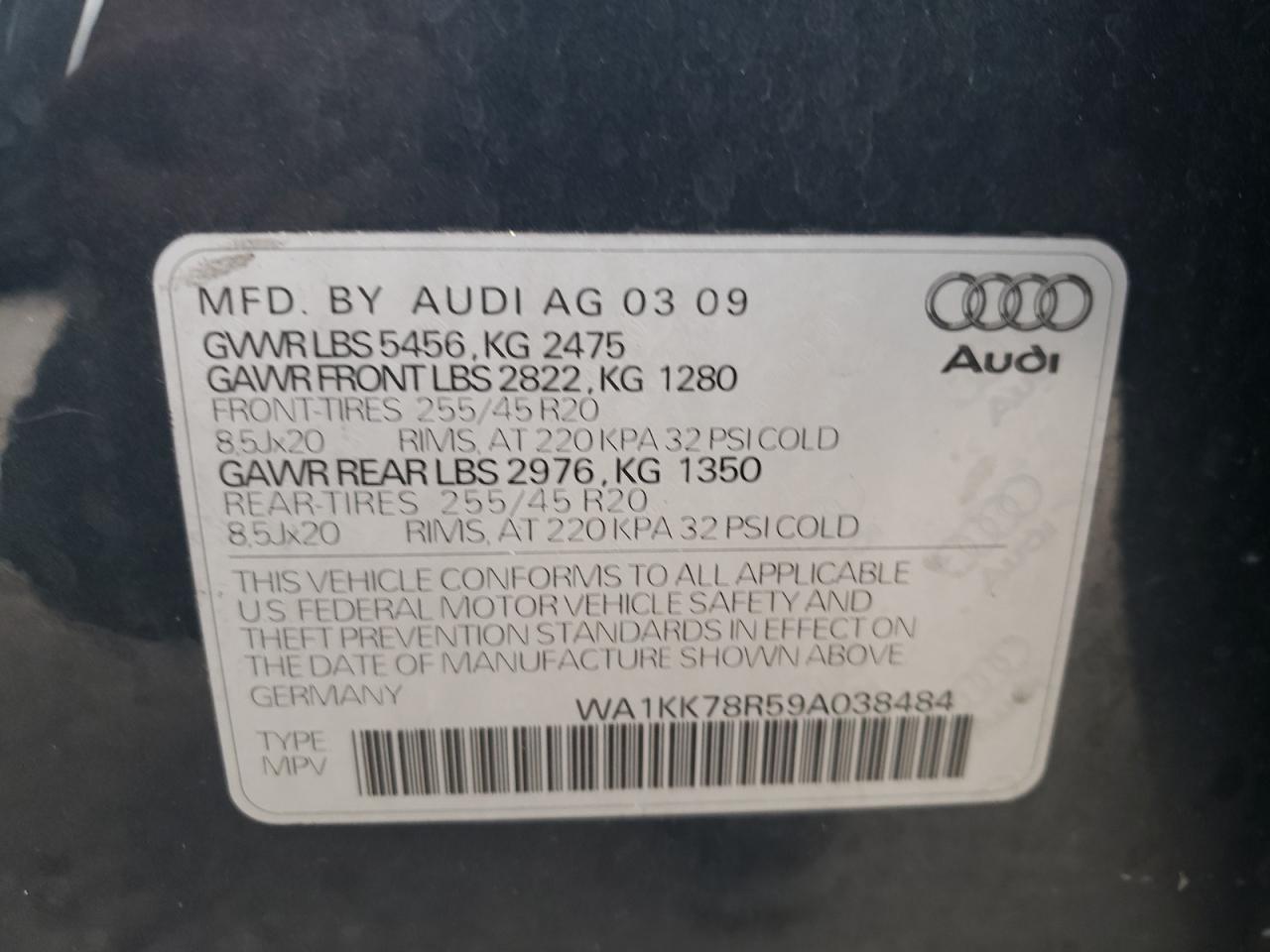 2009 Audi Q5 3.2 VIN: WA1KK78R59A038484 Lot: 64413175