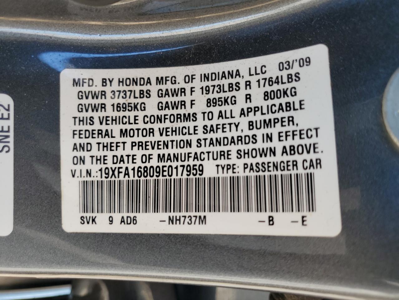 2009 Honda Civic Ex VIN: 19XFA16809E017959 Lot: 66382645