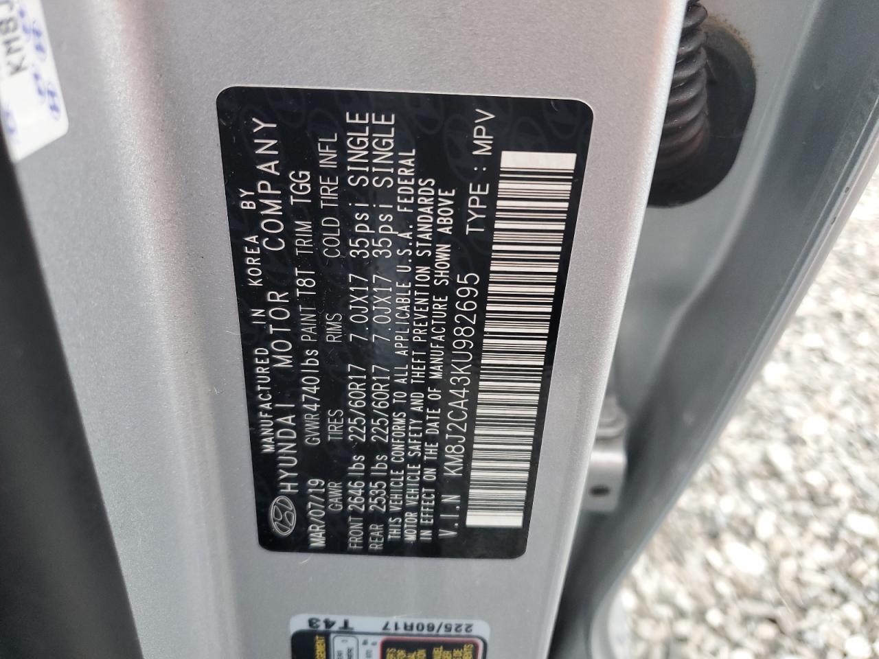 2019 Hyundai Tucson Se VIN: KM8J2CA43KU982695 Lot: 64526555
