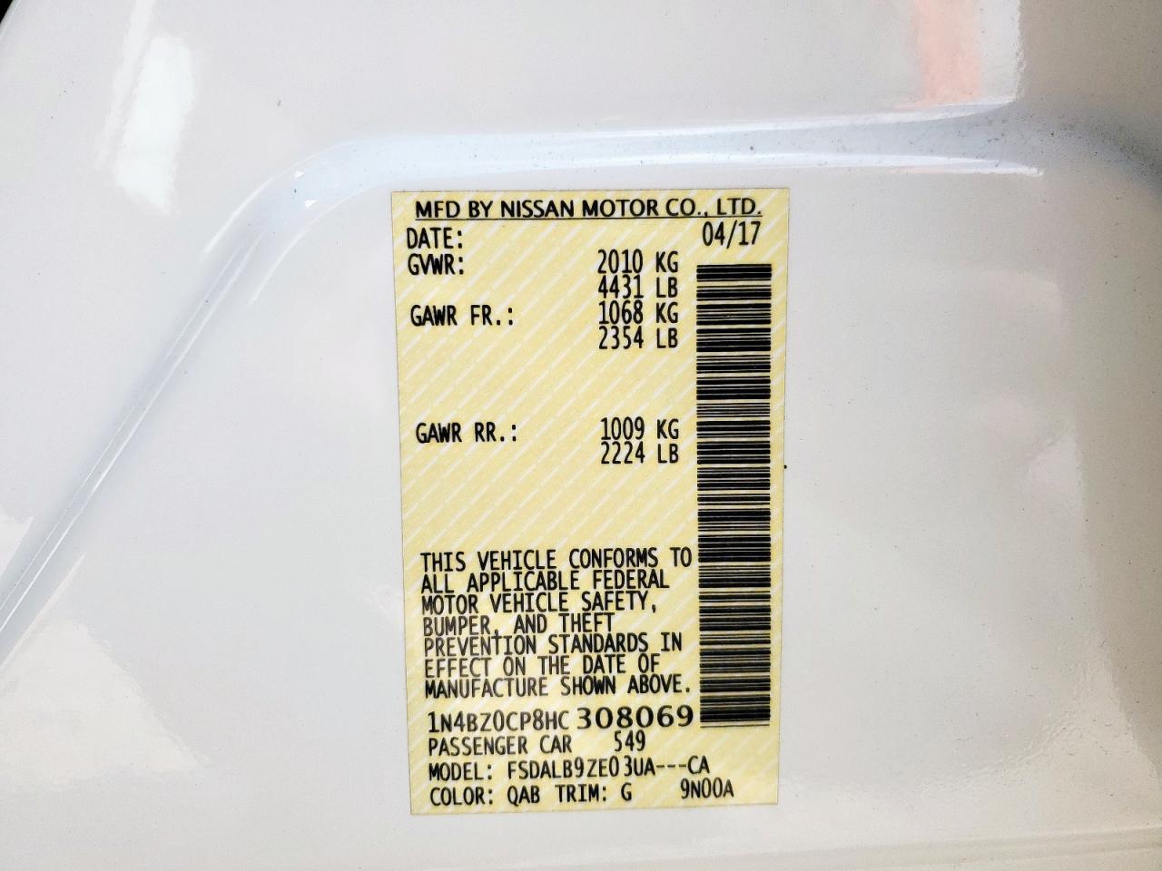 2017 Nissan Leaf S VIN: 1N4BZ0CP8HC308069 Lot: 63786135