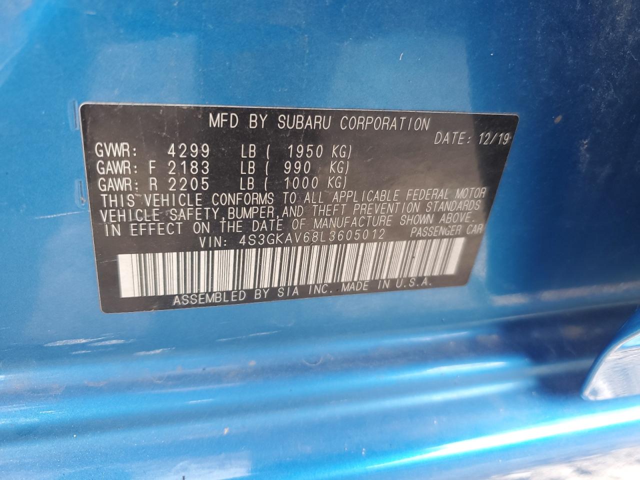 2020 Subaru Impreza Premium VIN: 4S3GKAV68L3605012 Lot: 67282905