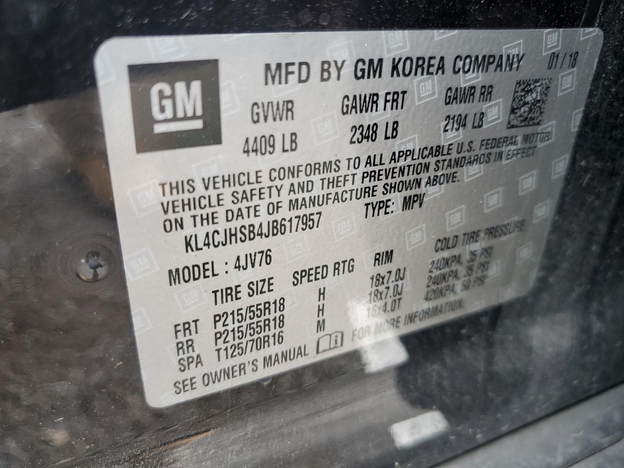 2018 Buick Encore Premium VIN: KL4CJHSB4JB617957 Lot: 64954315