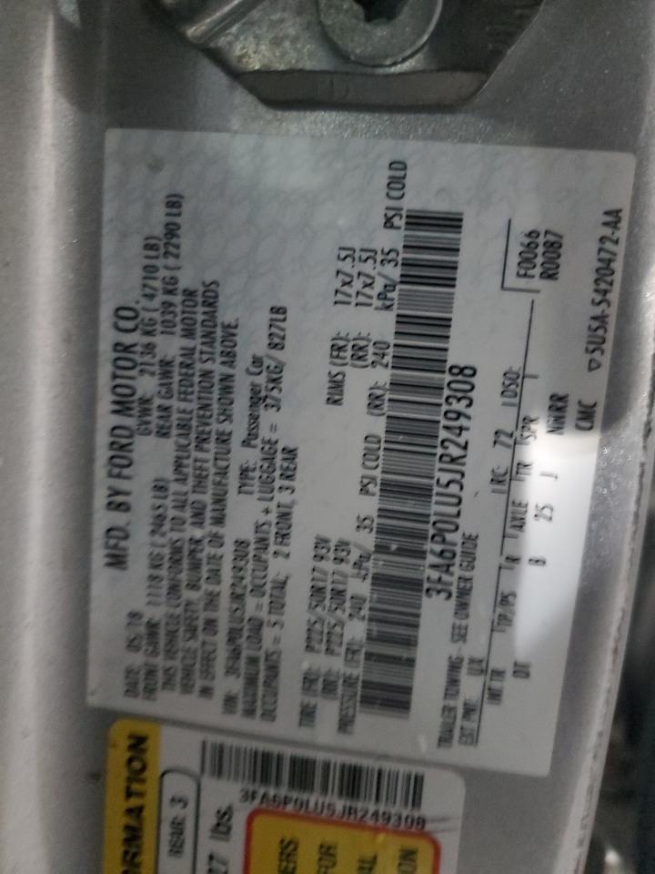 2018 Ford Fusion Se Hybrid VIN: 3FA6P0LU5JR249308 Lot: 64681275