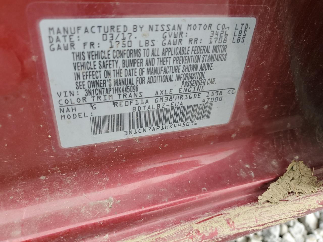 2017 Nissan Versa S VIN: 3N1CN7AP1HK445096 Lot: 65249425