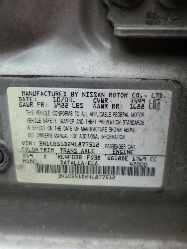 2004 Nissan Sentra 1.8 VIN: 3N1CB51D24L877512 Lot: 64015135