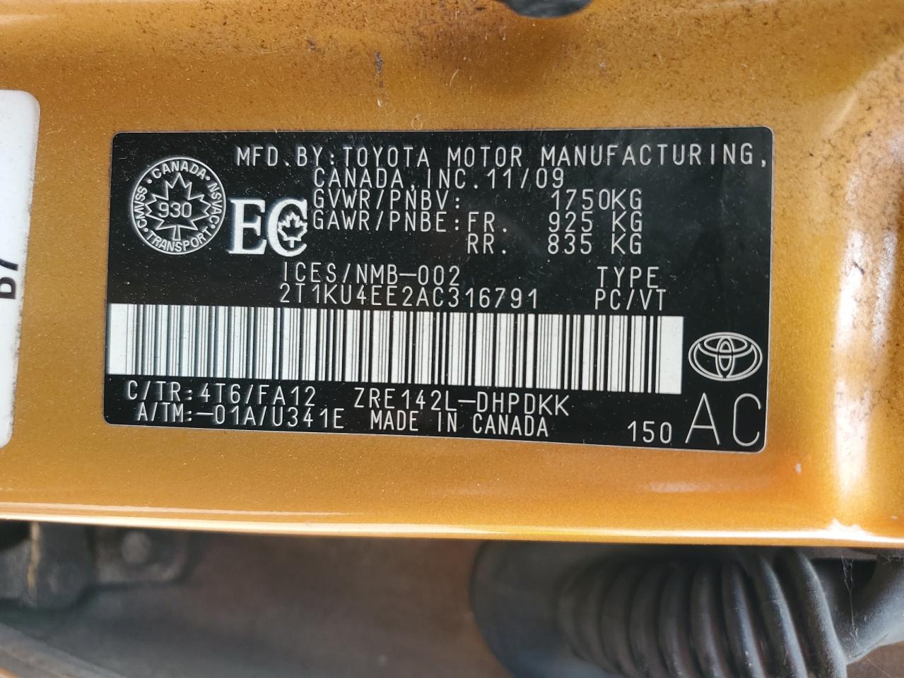 2010 Toyota Corolla Matrix VIN: 2T1KU4EE2AC316791 Lot: 64656685