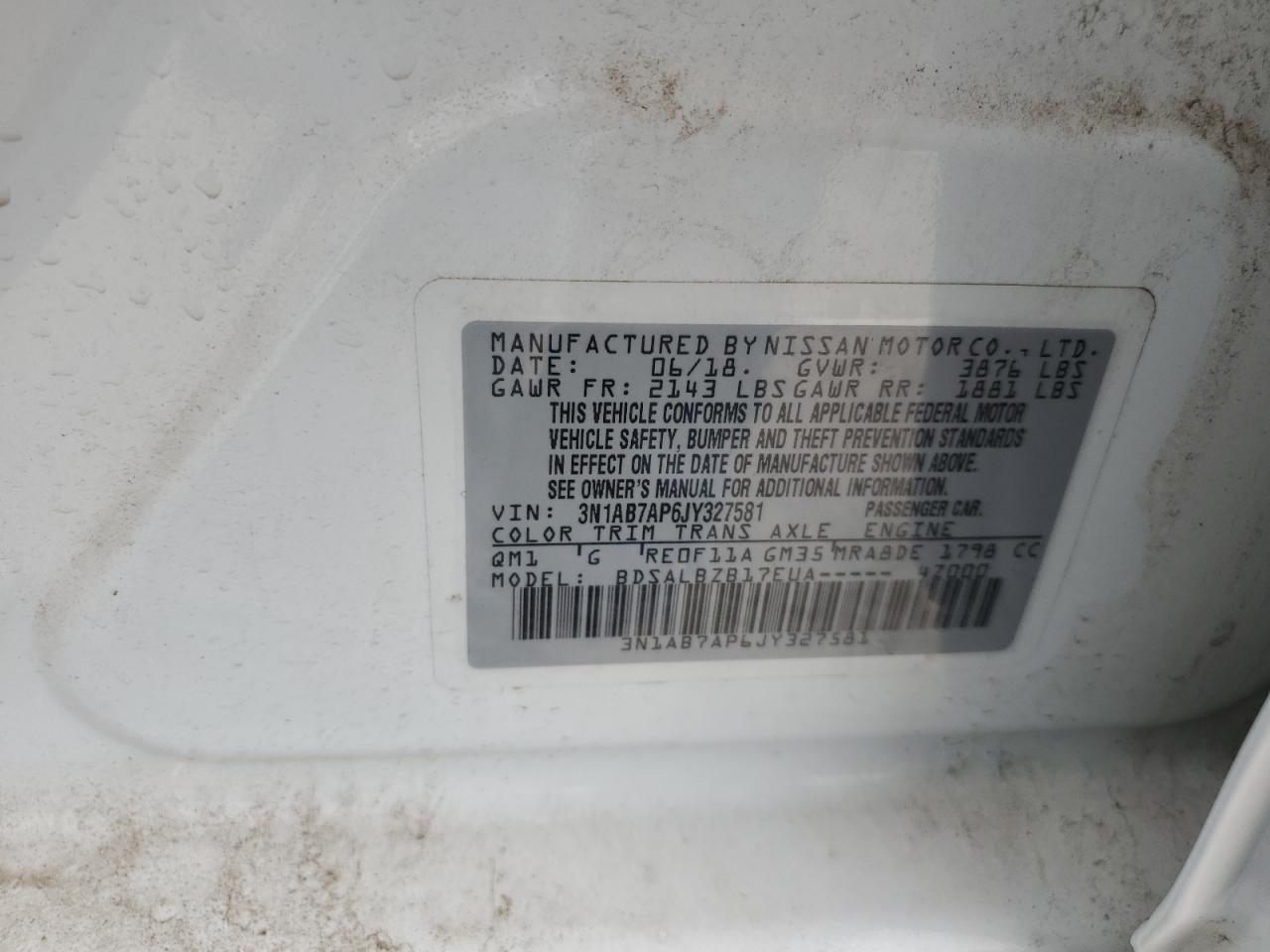 3n1ab7ap6jy327581 3N1AB7AP6JY327581 2018 Nissan Sentra S