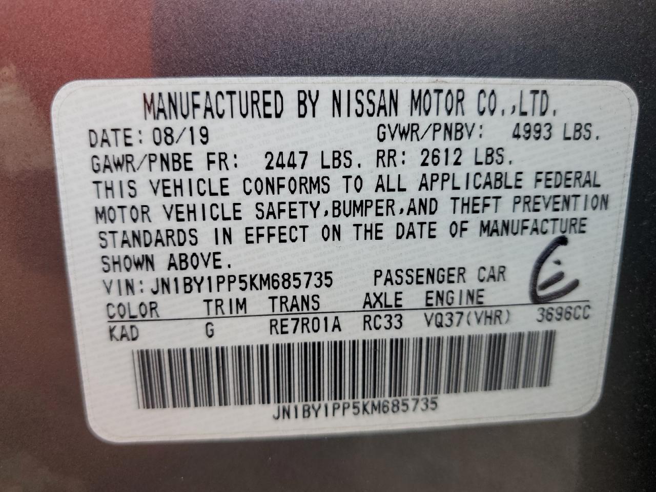 2019 Infiniti Q70L 3.7 Luxe VIN: JN1BY1PP5KM685735 Lot: 63468195