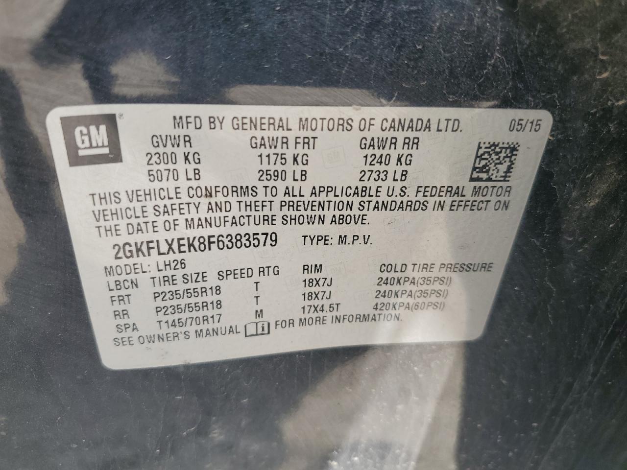 2015 GMC Terrain Slt VIN: 2GKFLXEK8F6383579 Lot: 65066225