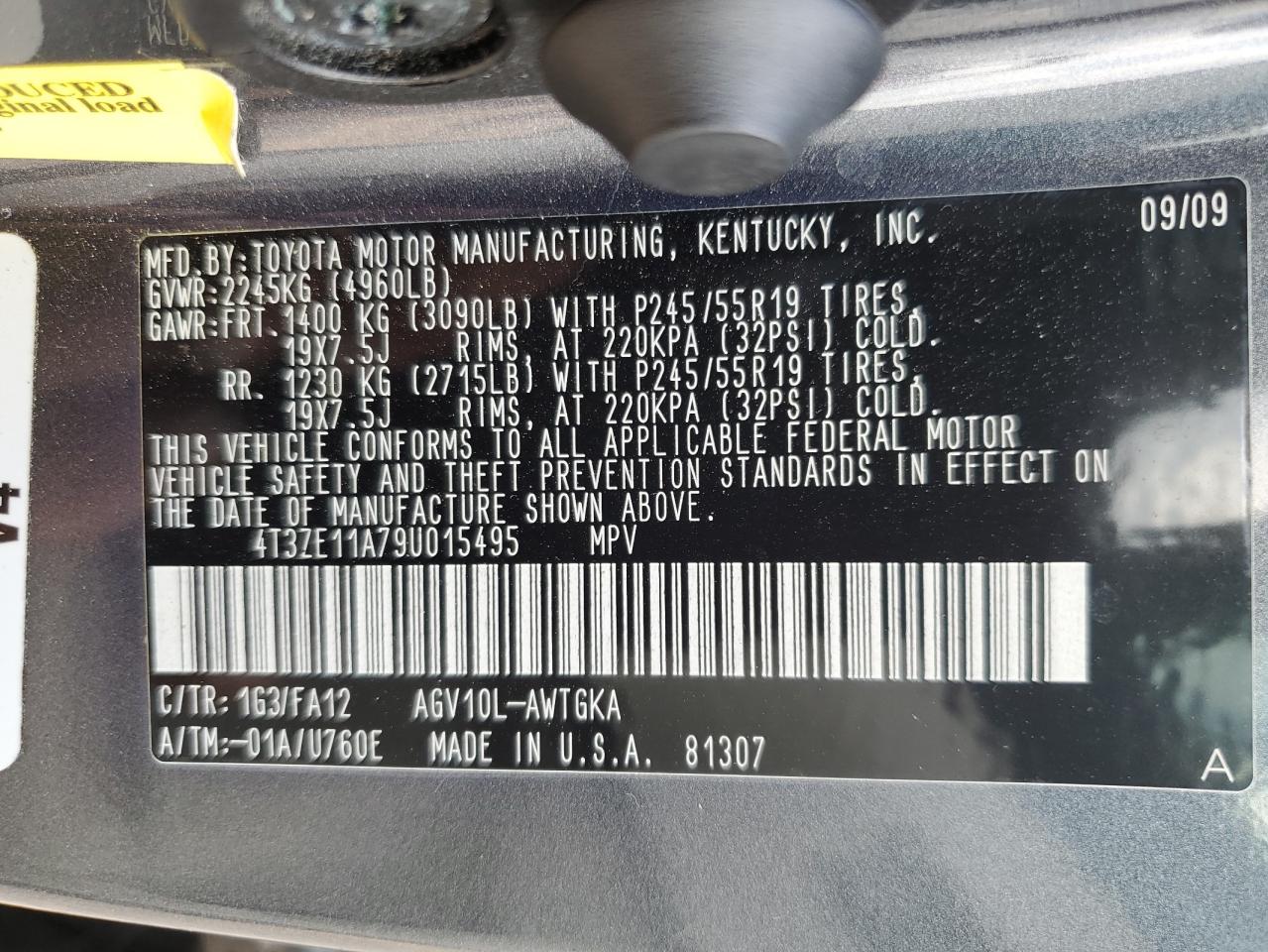 2009 Toyota Venza VIN: 4T3ZE11A79U015495 Lot: 63938135