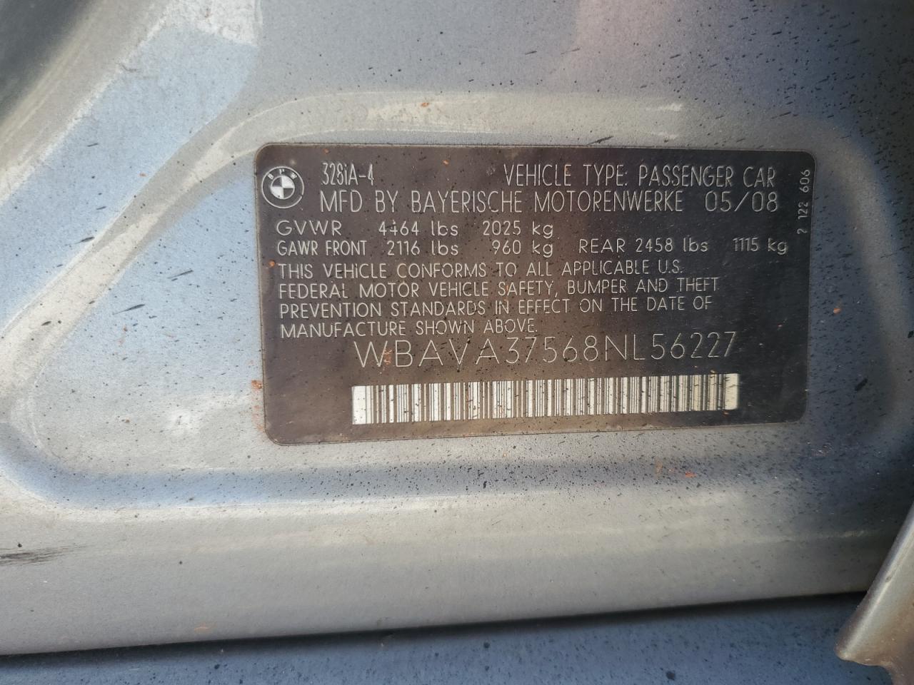 2008 BMW 328 I VIN: WBAVA37568NL56227 Lot: 63869195