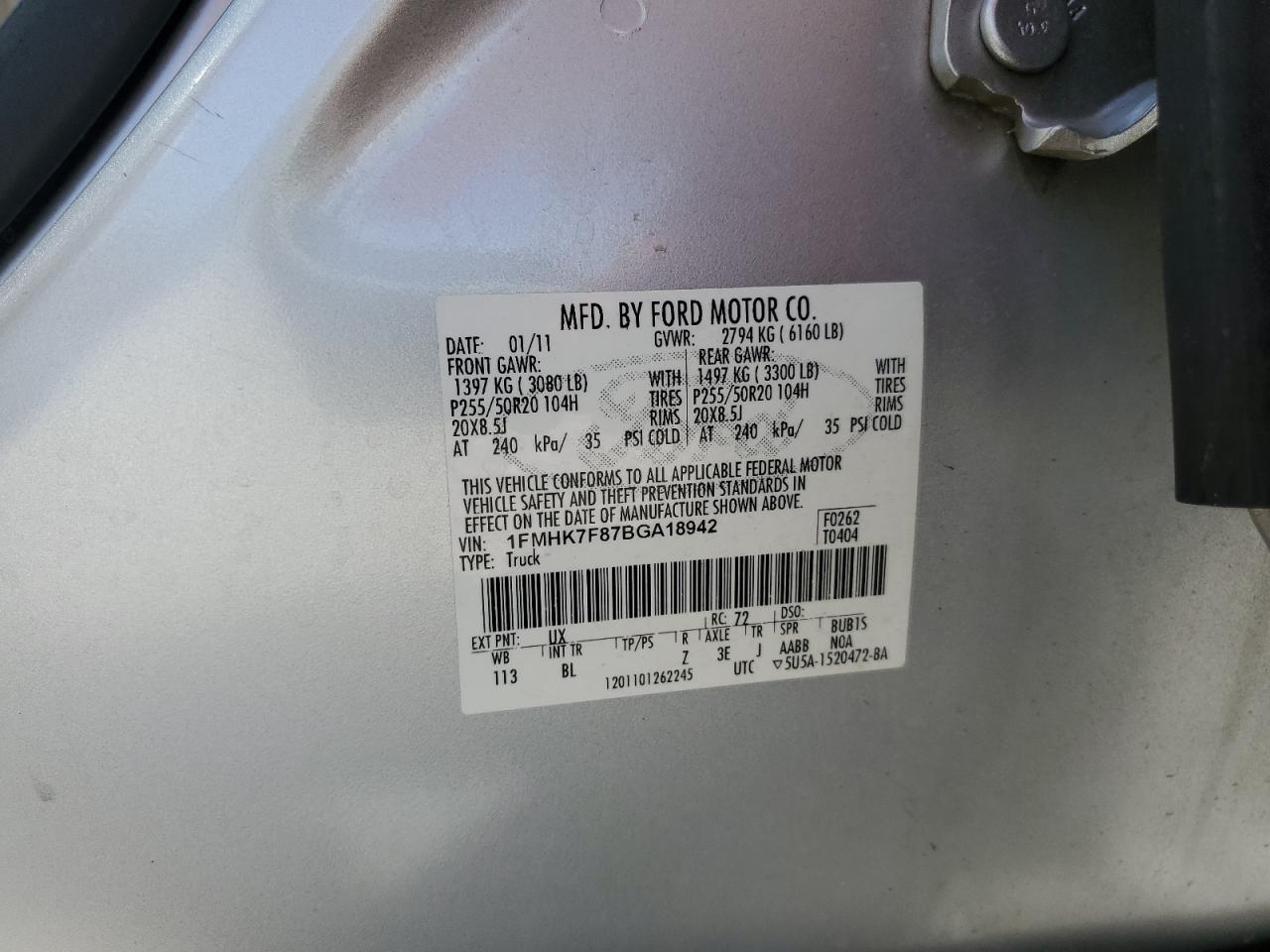 2011 Ford Explorer Limited VIN: 1FMHK7F87BGA18942 Lot: 64548645