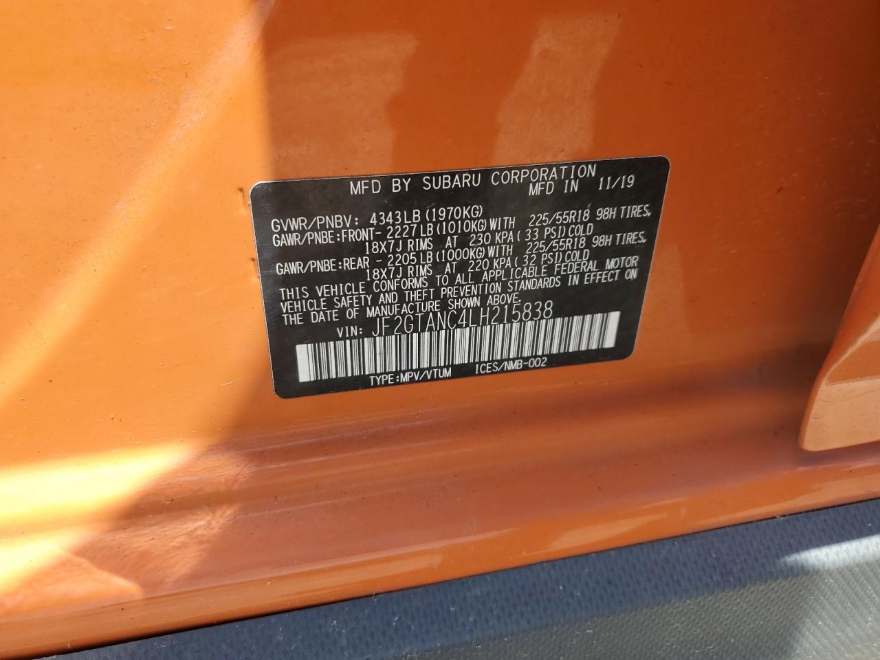 2020 Subaru Crosstrek Limited VIN: JF2GTANC4LH215838 Lot: 64512325