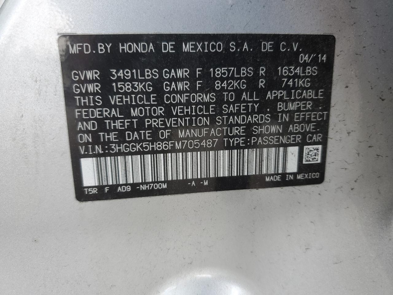 2015 Honda Fit Ex VIN: 3HGGK5H86FM705487 Lot: 63126775