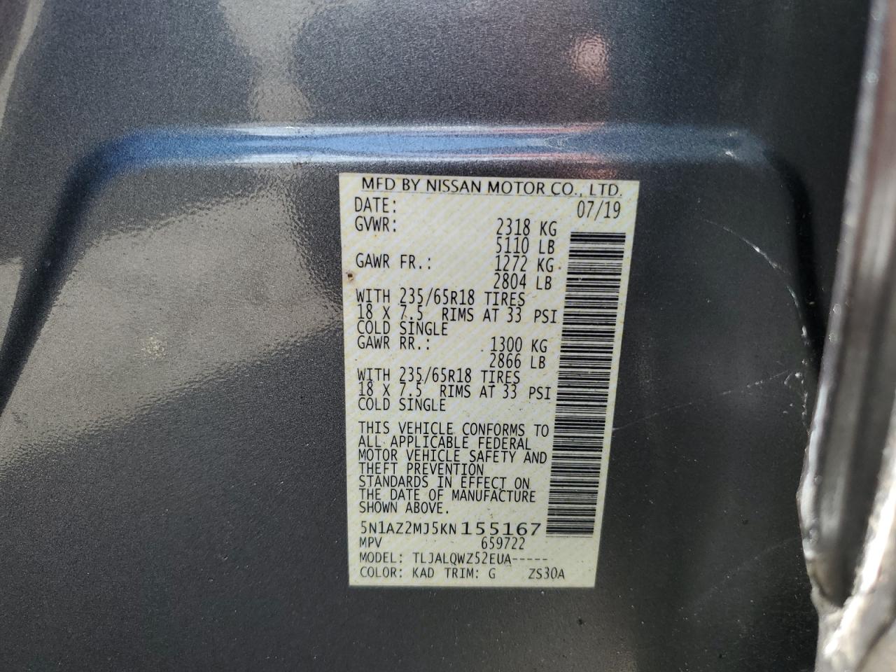 2019 Nissan Murano S VIN: 5N1AZ2MJ5KN155167 Lot: 64488535