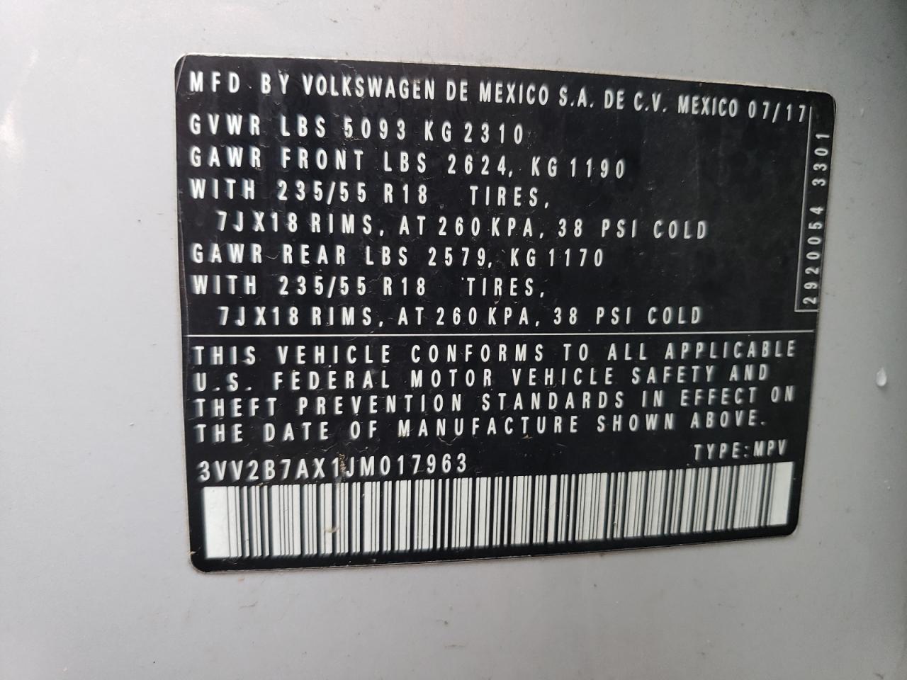 2018 Volkswagen Tiguan Se VIN: 3VV2B7AX1JM017963 Lot: 66621455