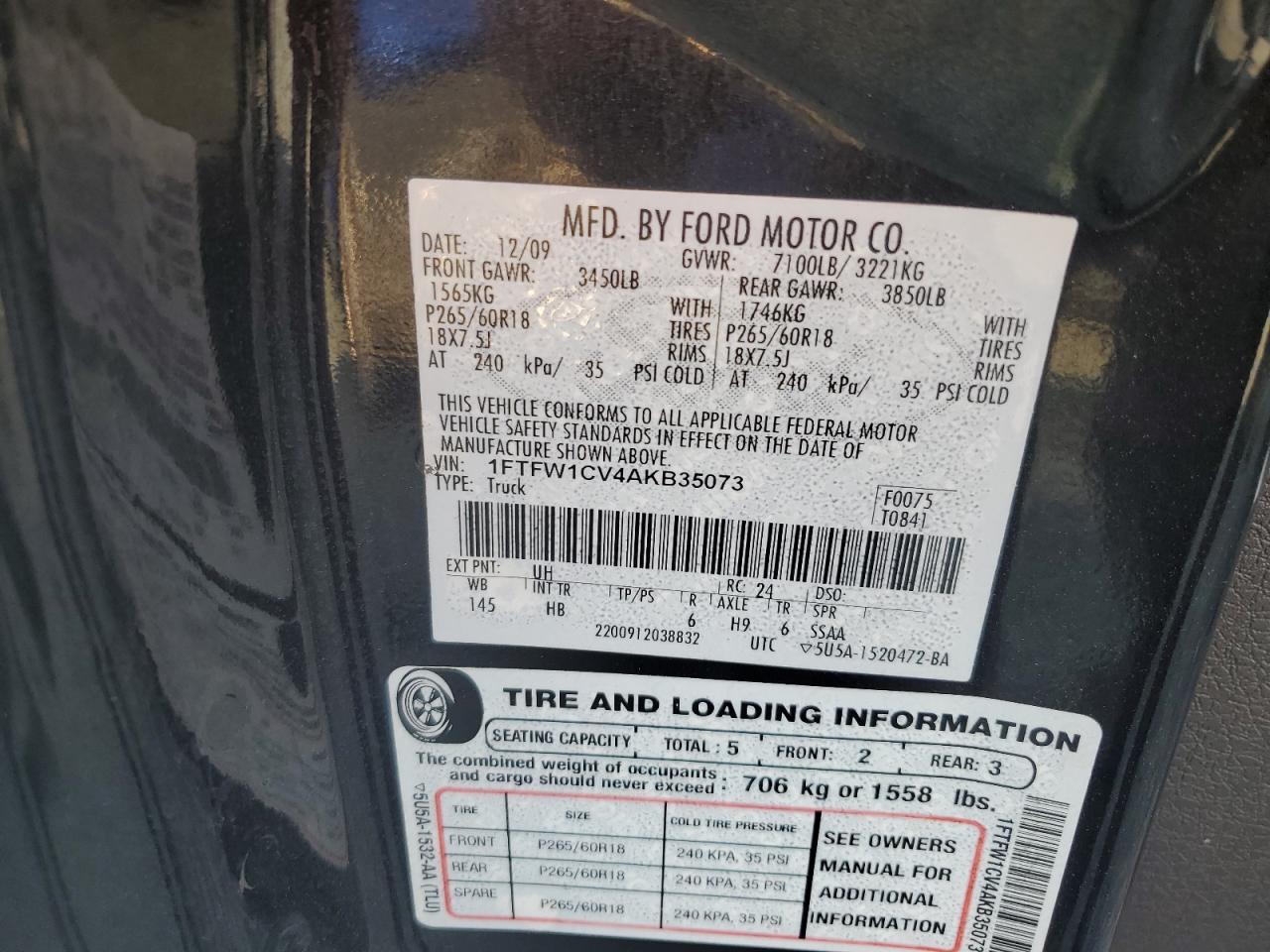 2010 Ford F150 Supercrew VIN: 1FTFW1CV4AKB35073 Lot: 64901245