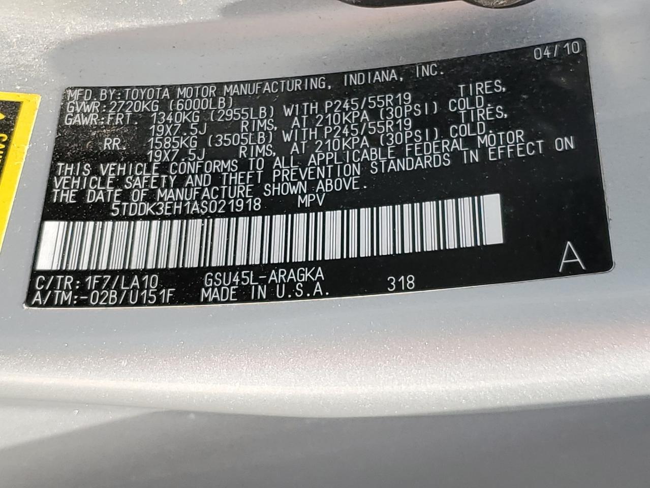 5TDDK3EH1AS021918 2010 Toyota Highlander Limited