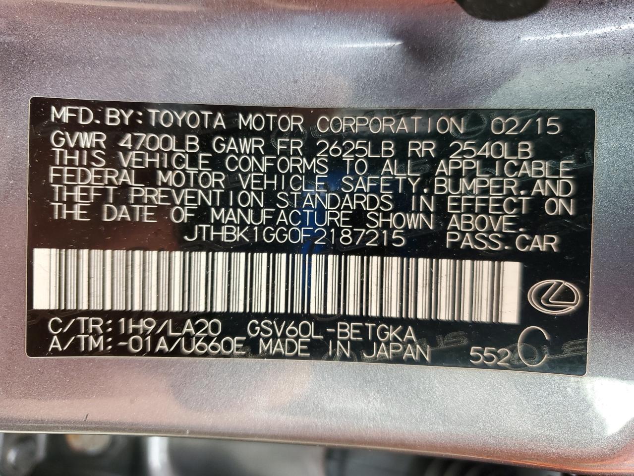 2015 Lexus Es 350 VIN: JTHBK1GG0F2187215 Lot: 64218905