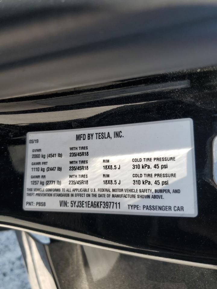 2019 Tesla Model 3 VIN: 5YJ3E1EA6KF397711 Lot: 64999765